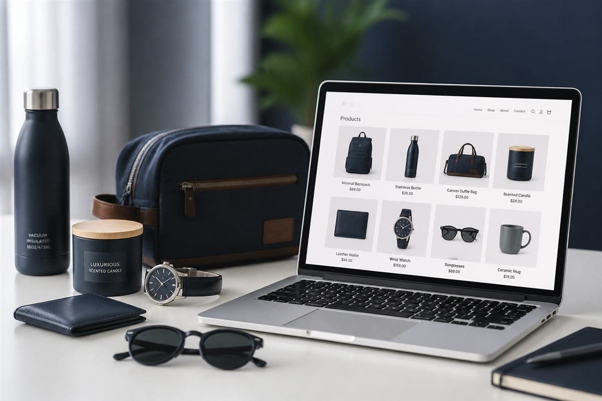 Product catalogue and laptop showing a sample e-commerce SEO project